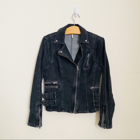 Free People Jackets & Blazers - Free People Strap & Buckle Denim Moto Jacket Black Gray Zip Up Size 4